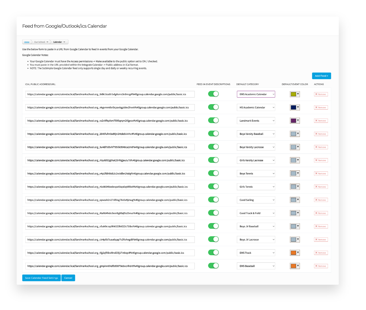 external calendar feed settings