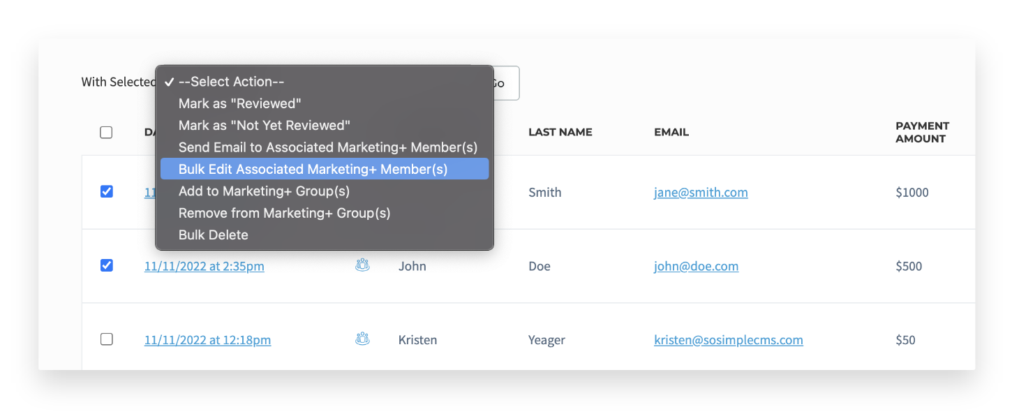 Form submission action menu with Bulk Edit Associated Marketing+ Member(s) option highlighted