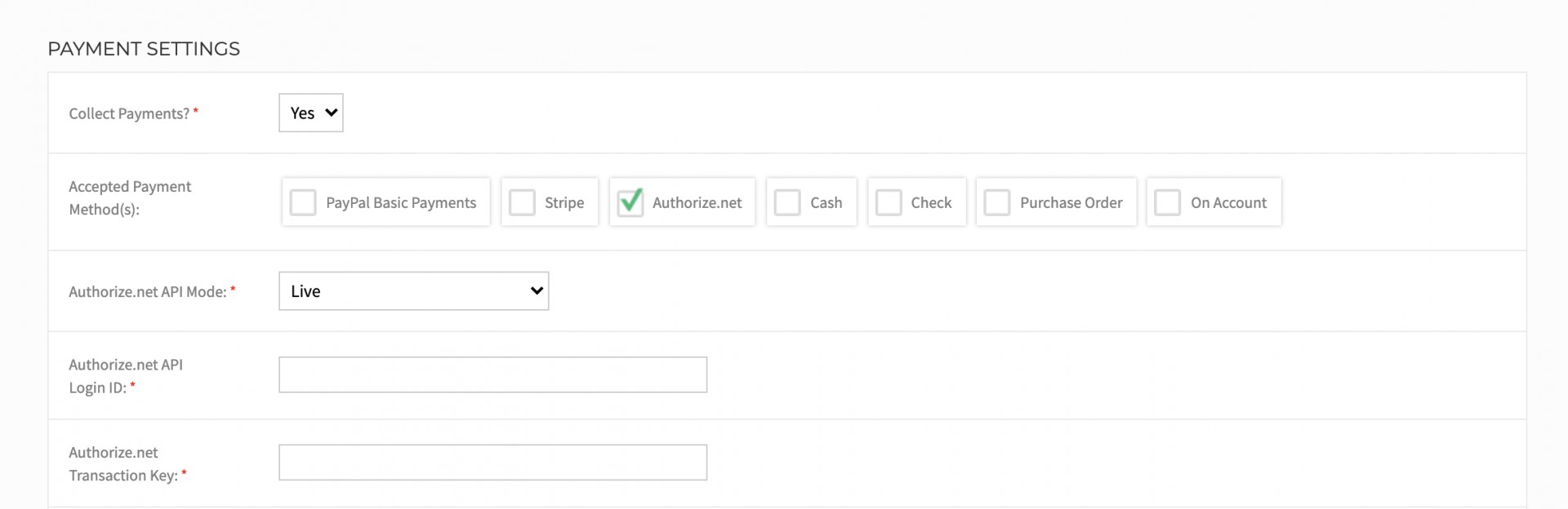 authorize.net payment settings