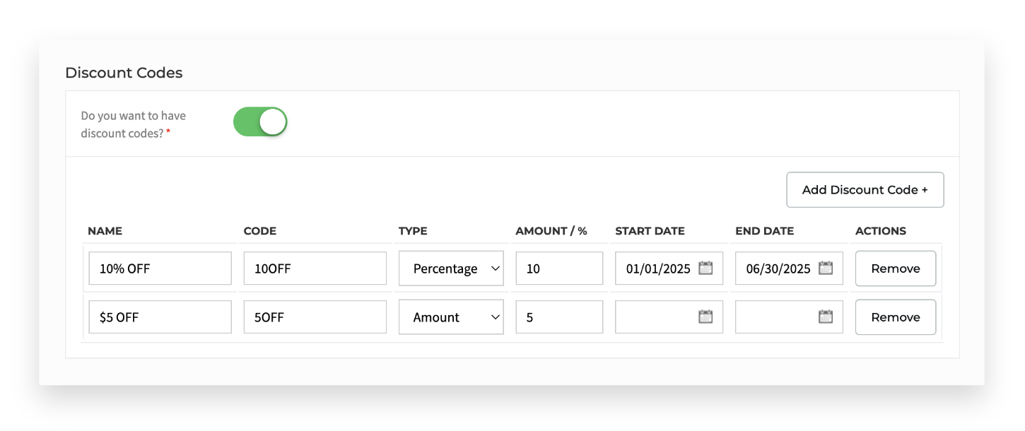 Discount Codes Form Builder Settings