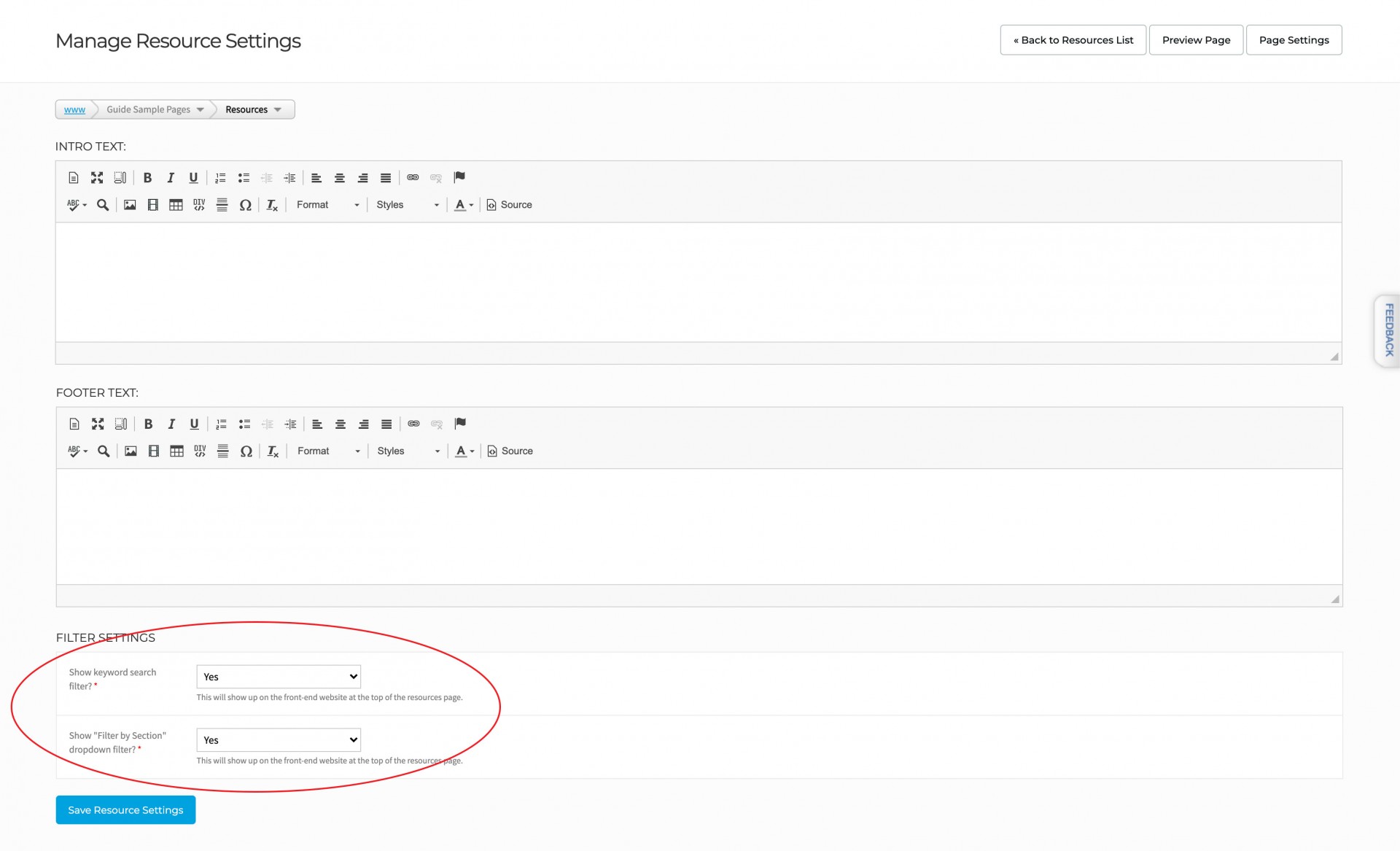 Resources filter settings