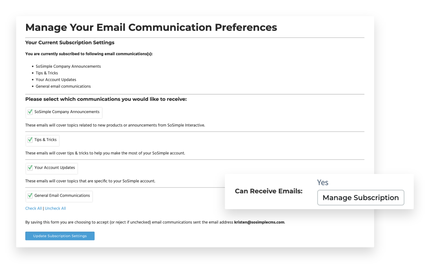 Unsubscribe settings sample