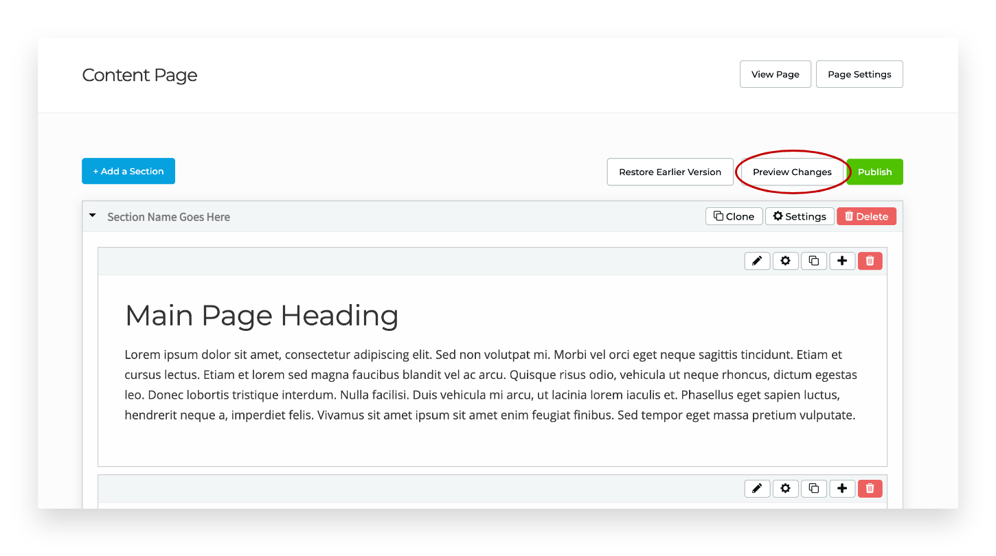content page preview changes button